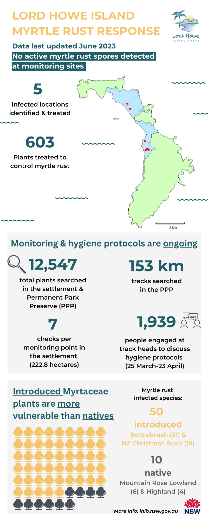 An infographic with data about Lord Howe Island's response to a myrtle rust incursion