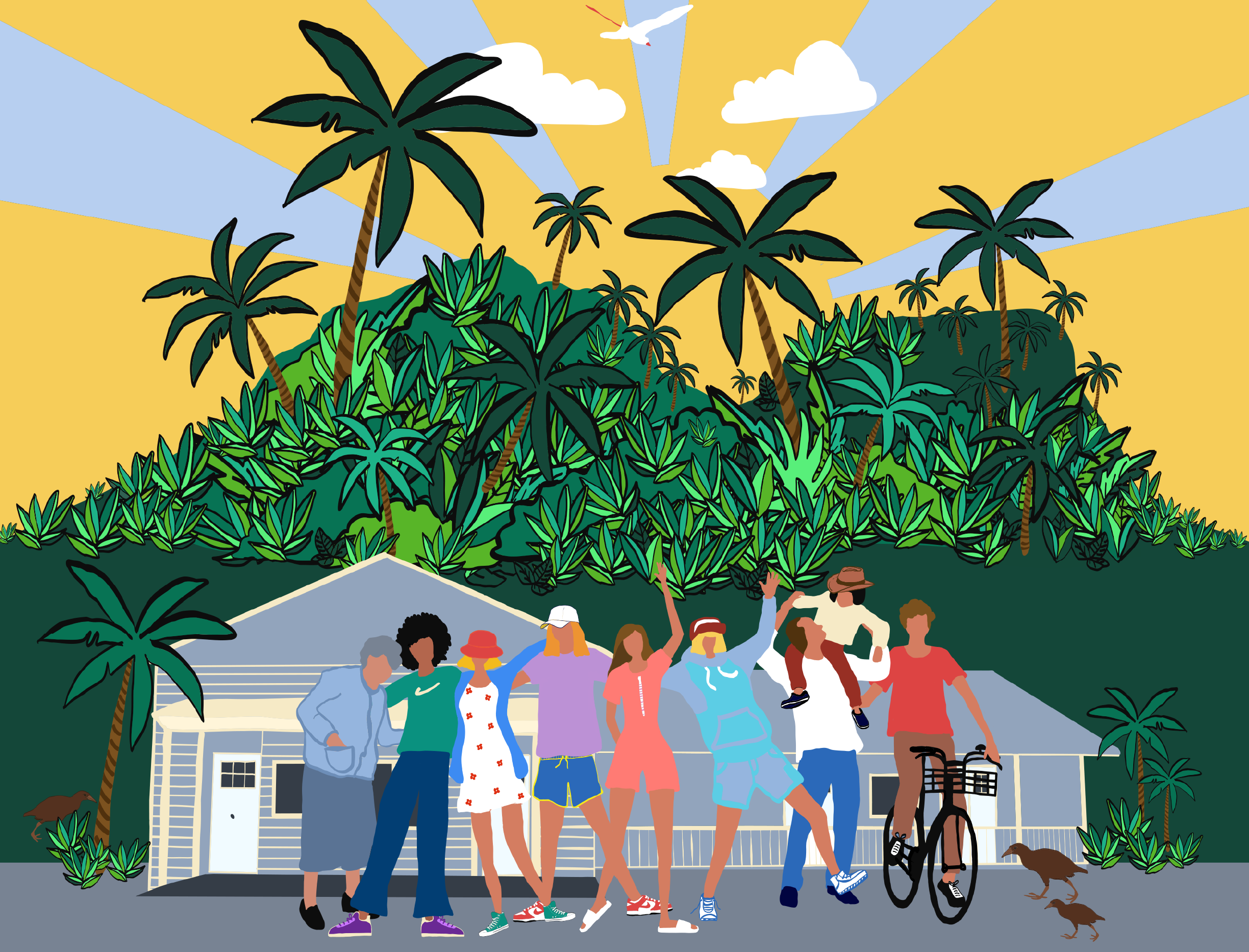 Hand drawn graphic of yellow and orange sun rays, mountains, and a group of people standing in front of a blue and cream hall