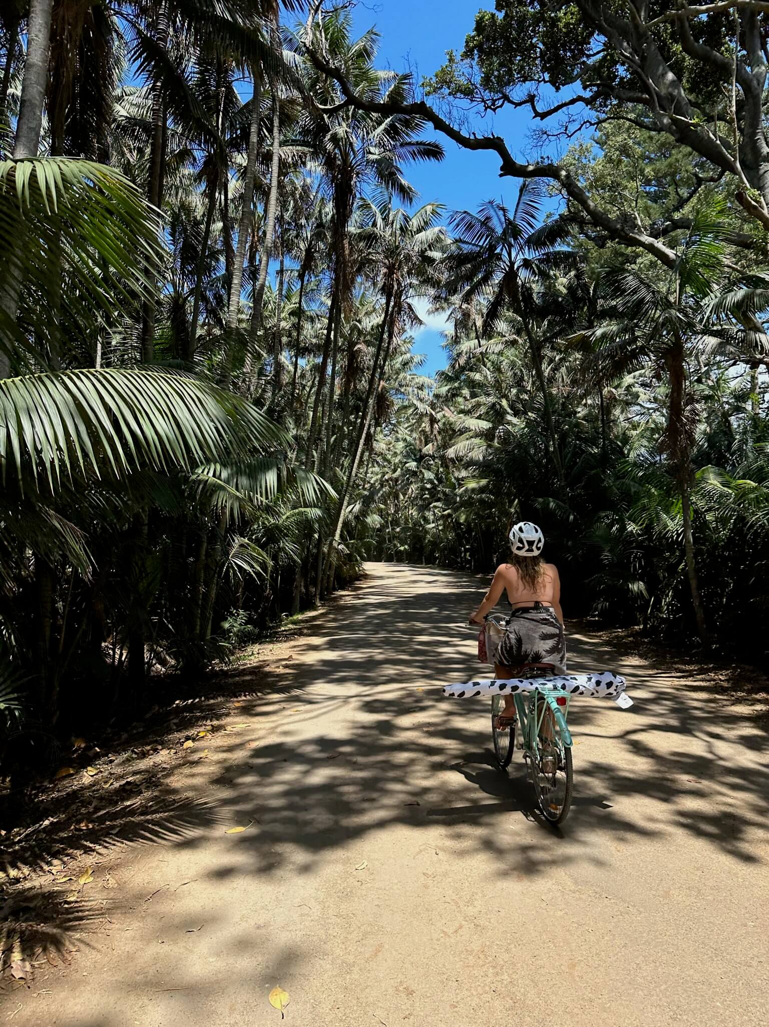 Back of female riding bike in an island landscape