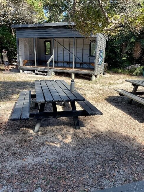 Picnic tables outside of North Bay hut